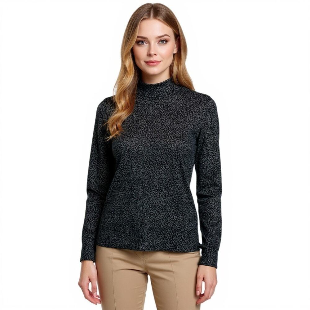 Vintage Louis Féraud Womens Wool Mock Neck Top Animal Print Long-Sleeve Zippered